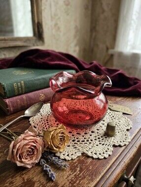 Vintage Ruby Red Ruffled Glass Rose Bowl
